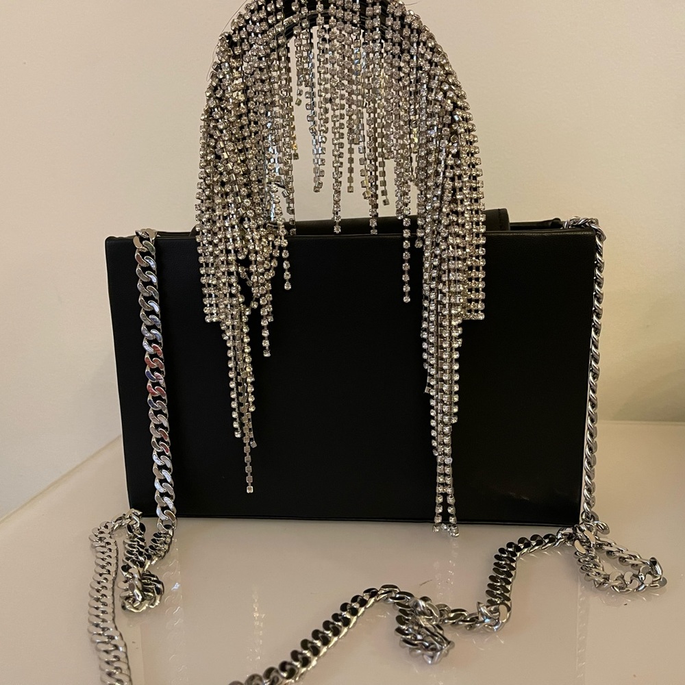 NWT authentic black leather KARA  crystal embellished midi tote bag
